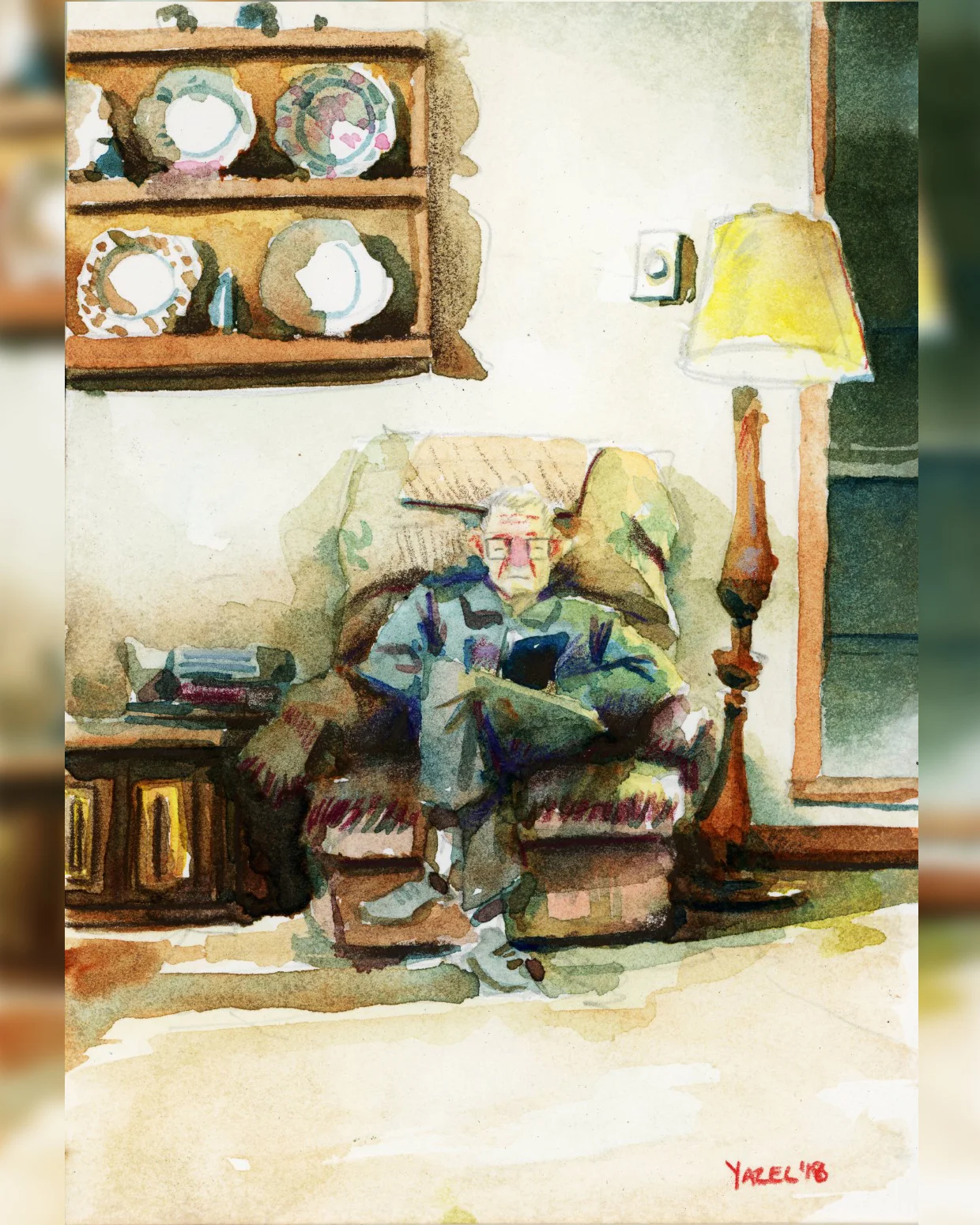 Watercolor of my Grandfather doing a sudoku