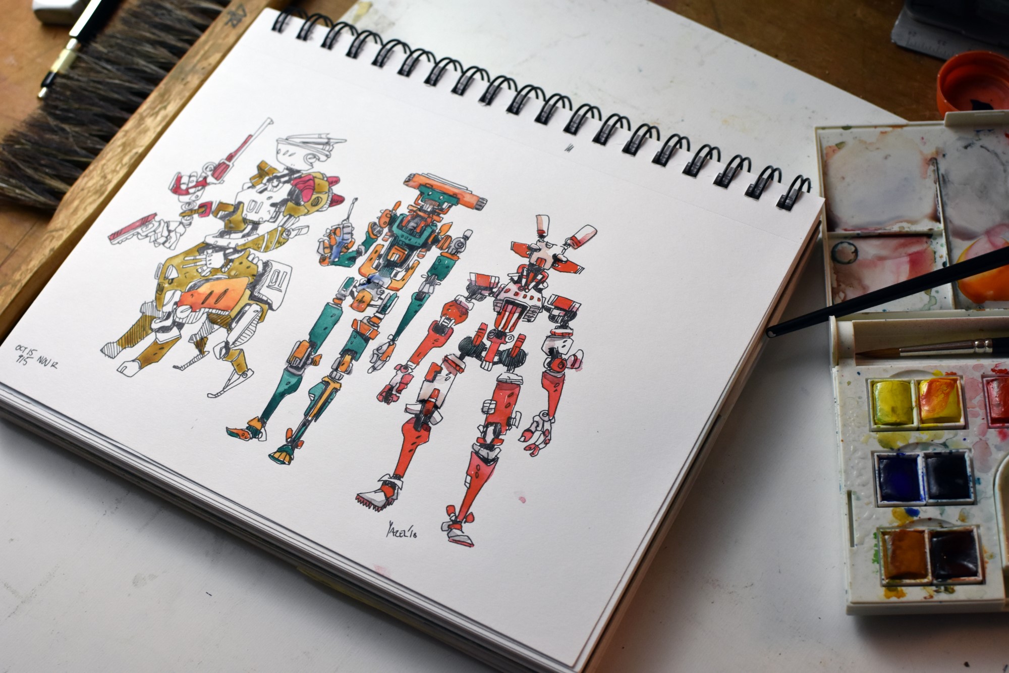 Some comfort zone robots, drawn with a pentel V5 pen, colored with watercolor