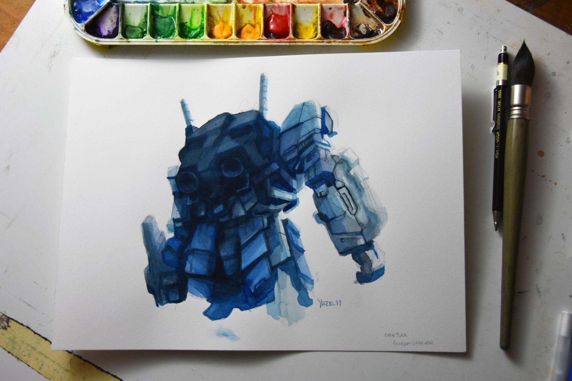  This one is based on a giant gundam statue in Japan. I painted this too dark too fast so it’s a bit of a dud, but I learned a lot how I can work with layered values in watercolor.  