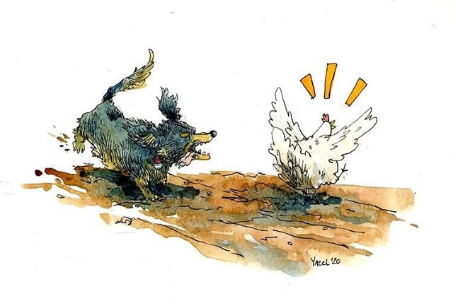 A watercolor rendition of our dauchshund&rsquo;s favorite spring activity, keeping the chickens out of the garden.  We winter the chickens in the garden, they eat the scraps and bugs and fertilize the ground in return. Unfortunately in the spring, it