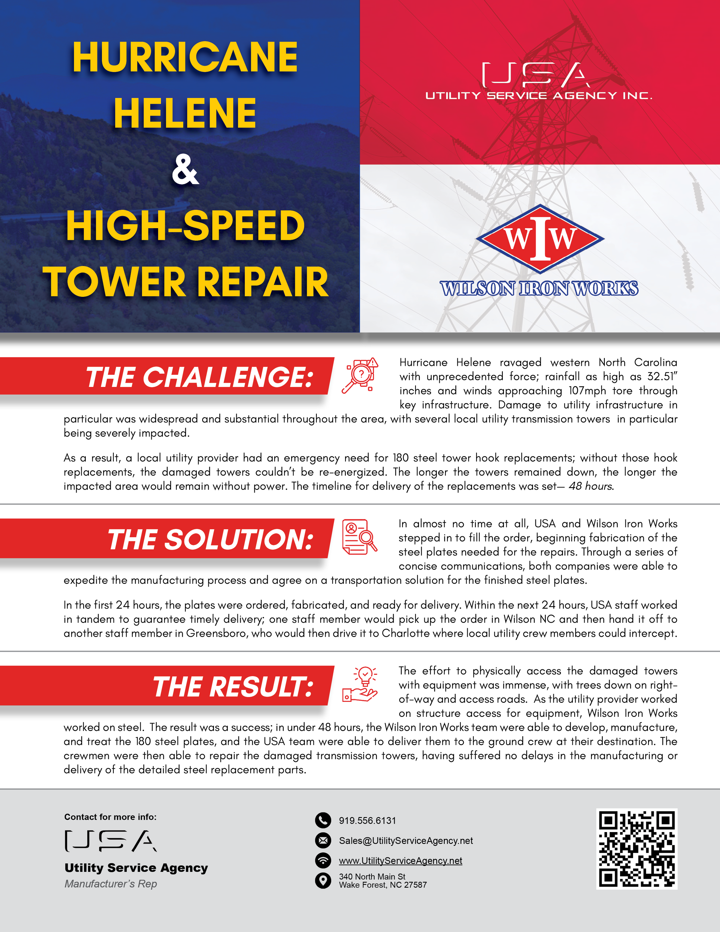 Flyer from Wilson Iron Works promoting high-speed tower repair after hurricane Helene, showing service details, contact information, and QR code.