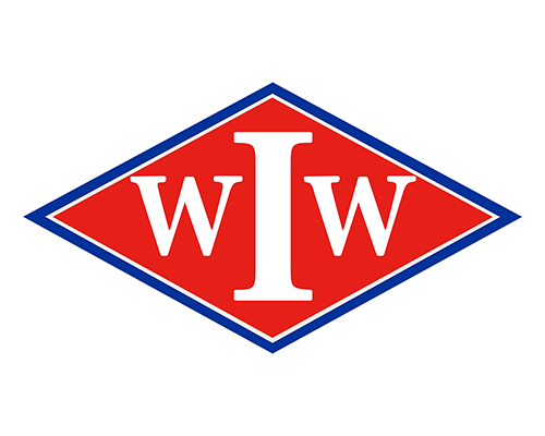 A logo with a red diamond shape, outlined in blue, with the letters W I W inside.