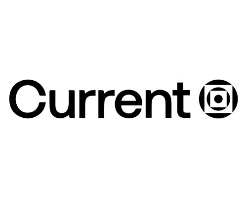 Black and white logo with the word 'Current' and a circular symbol with layered shapes to the right.