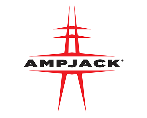 Ampjack logo featuring a red stylized electrical tower and the word 'AMPJACK' in bold black letters.