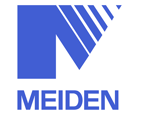 The MEIDEN logo in blue with stylized lines forming a 'V' shape.