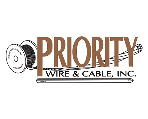 Logo of Priority Wire & Cable, Inc. featuring a spool of wire and cable extending into the company name.