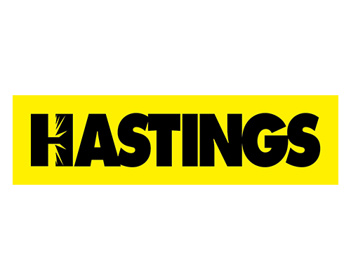 Hastings logo with black text on a yellow background.