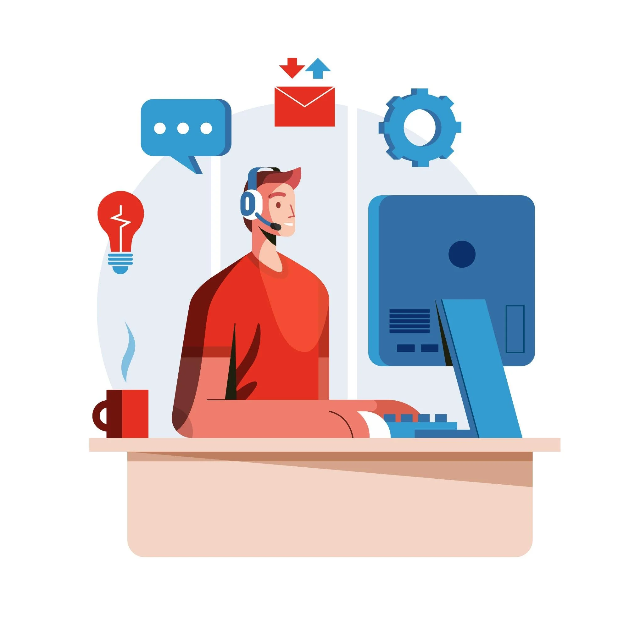 Illustration of a customer support representative with a headset at a computer, surrounded by icons representing chat, email, gear, lightbulb for ideas, and a steaming cup of coffee.