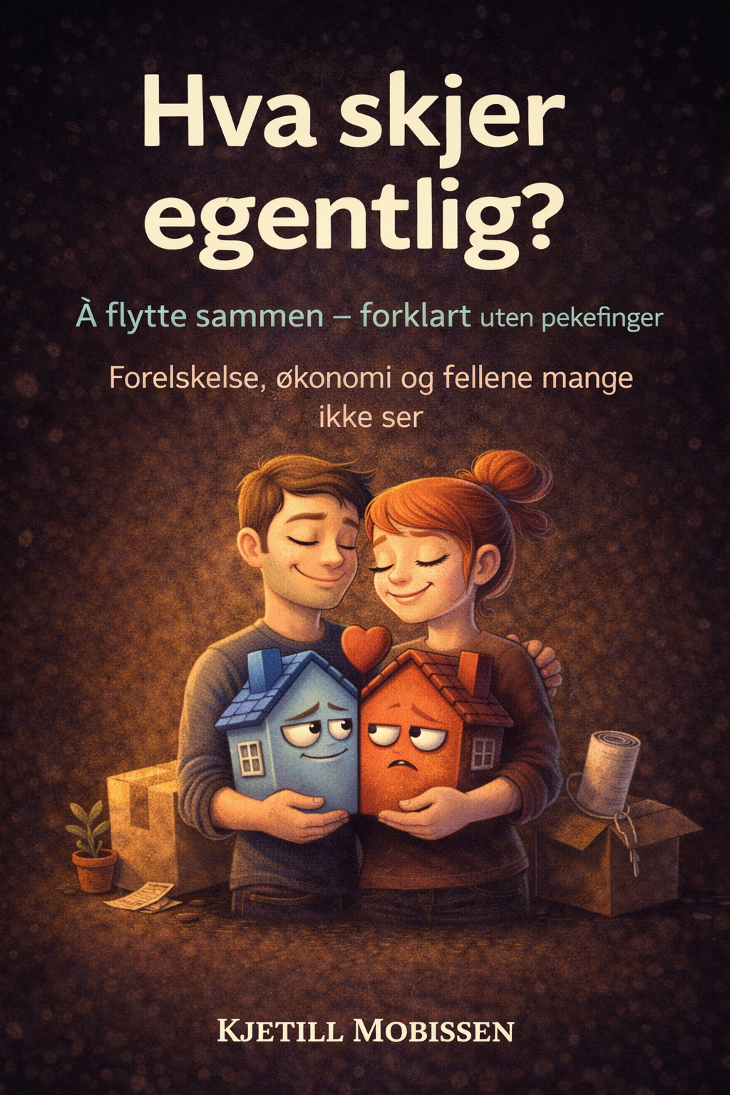 Bokomslag med illustrasjon av en mann og kvinne som holder hver sin humret hus med ansikter, omgitt av flyttekasser og en plante.