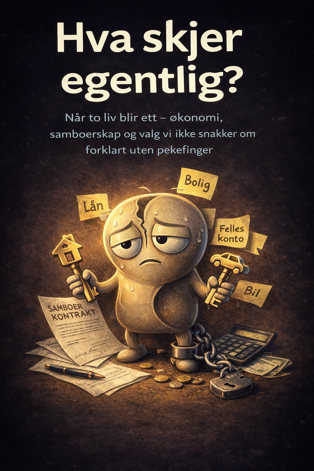 Illustrasjon av en mettende, bekymret jordklode med nøkkel i hånd, omgitt av papir, en kalkulator, mynter og en låst lenke rundt ankelen, med norske ord og tags om bolig, lån, felles konto, bil, og samboerkontrakt.