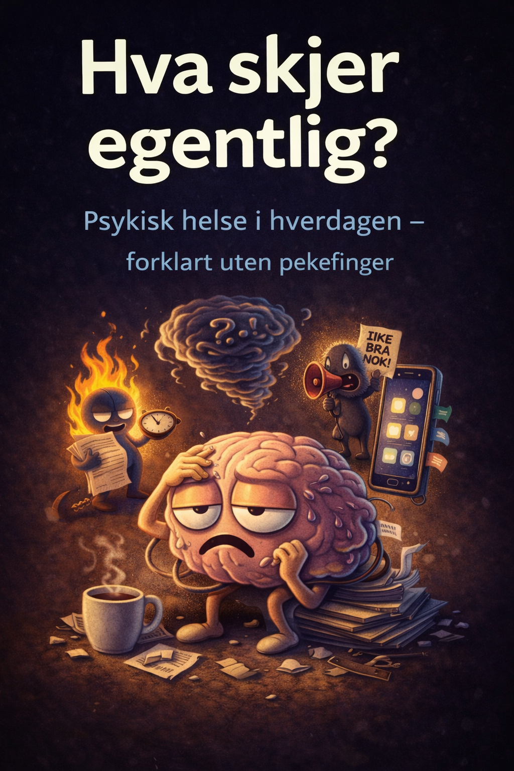 Omslagsbilde for en bok eller rapport med tittelen "Hva skjer egentlig? Psykisk helse i hverdagen - forklart uten pekefinger". Bildet viser en sur hjerne som ser ut til å være stresset eller utmattet, omgitt av illustrasjoner av andre hjerne-figurer 