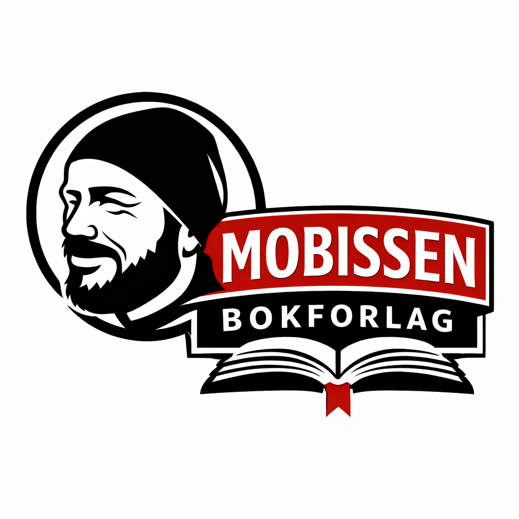Logo for Mobissen Bokforlag, inkluderer en tegning av en manns ansikt med skjegg og lue, en åpen bok, og teksten 'Mobissen Bokforlag'.