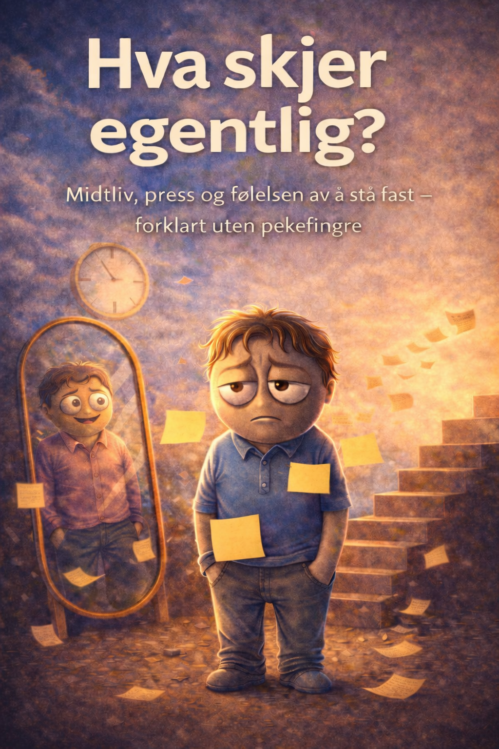 An animated boy with a sad expression standing in front of a mirror and a staircase, surrounded by scattered sticky notes and a clock showing 3:00, with a sunset sky in the background.