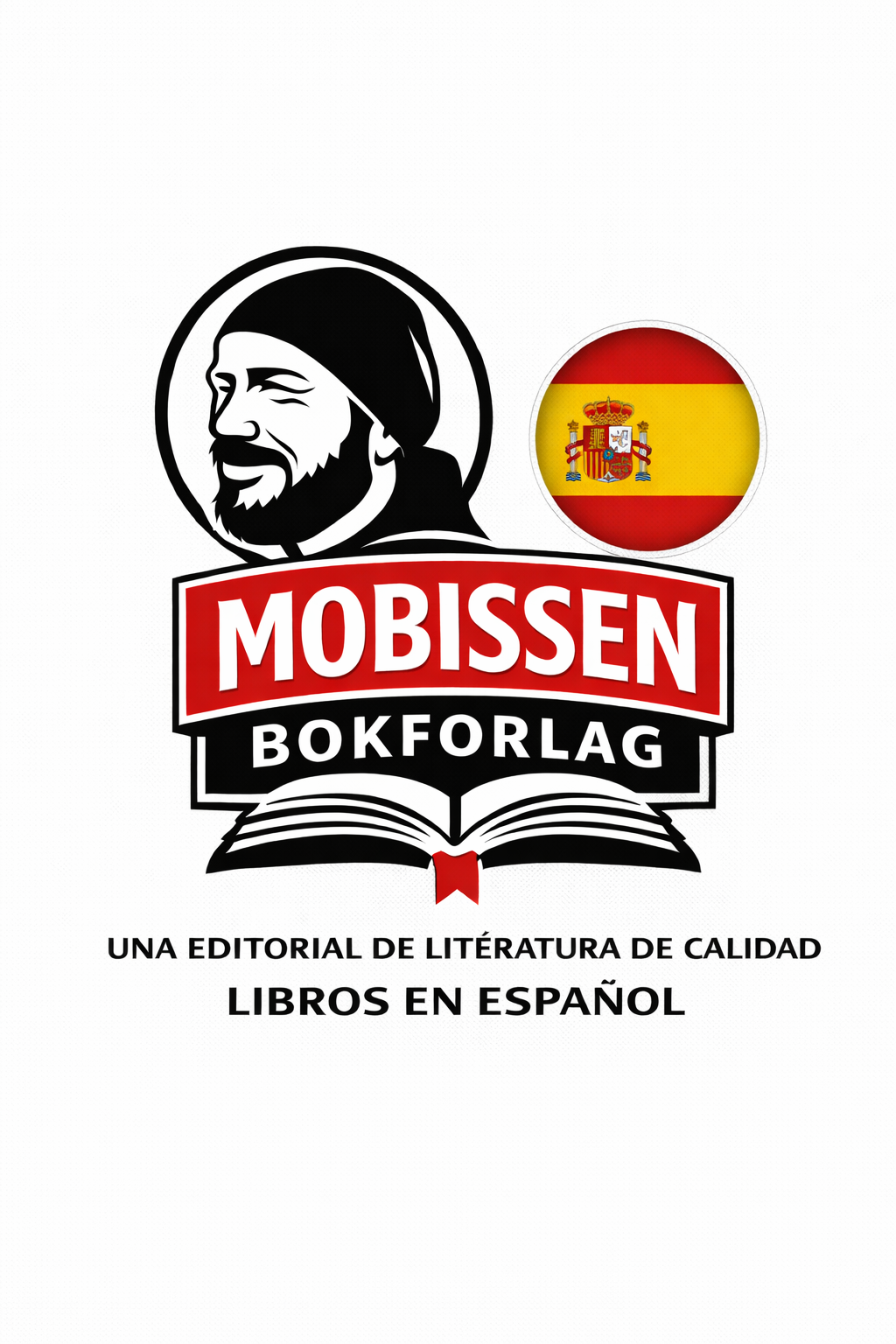 Omslagsbilde for Mobissen bokforlag, med en svart og hvit illustrasjon av en mann i en bandana, en spansk flagg og en åpen bok, med tekst på spansk.