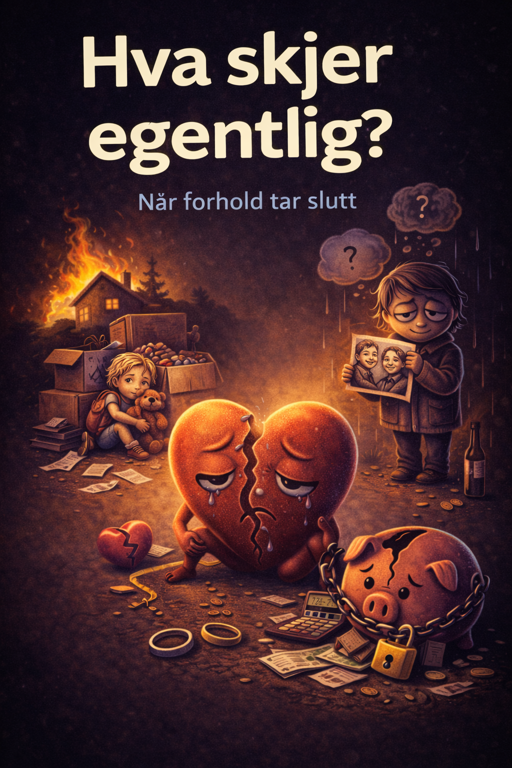Illustrasjon av en ødelagt kjærlighet, med et knust hjerte og en svømmende gris, og bilder av barn og en brennende hytte i bakgrunnen. Tekst på bildet sier 'Hva skjer egentlig? Når forhold tar slutt'.