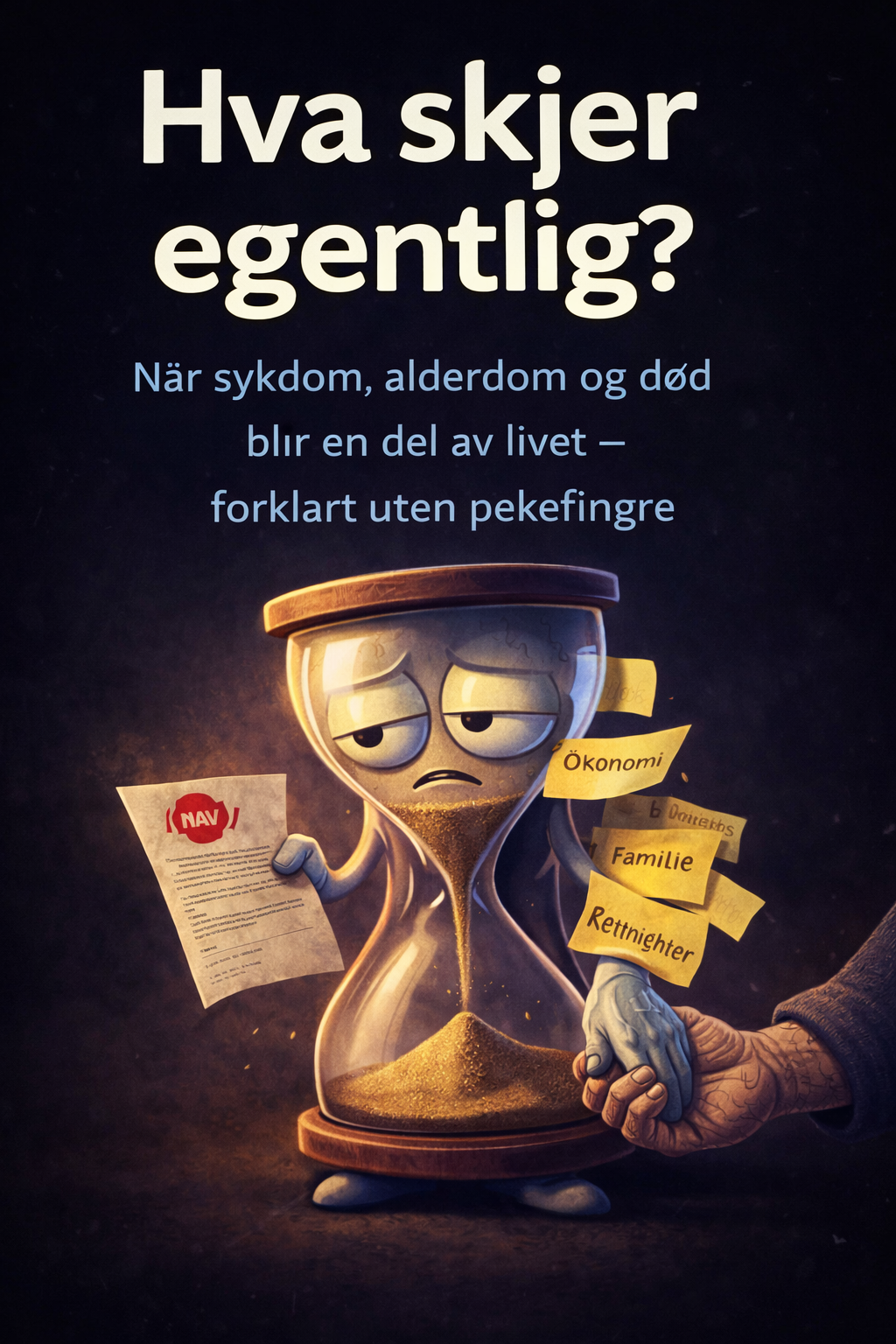 En tegneserieaktig timeglass med en trist ansiktsuttrykk. Den holder en NAV-eksplanasjon og har lapper med ord som 'Økonomi', 'Familie', 'Rettigheter'. En hånd holder timeglasset, og en annen hånd holder en person som holder i timeglasset.