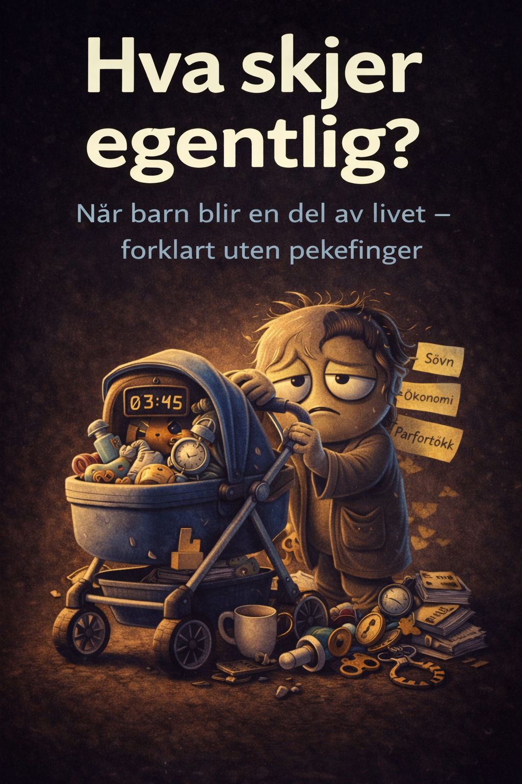 En ung gutt som ser trøtt ut drar en handlenkegelast med tannkrem, leker og en klokke i en handlevogn, med tidvis søvnige tanker som er merket 'Søvn', 'Økonomi' og 'Parforhold' i bakgrunnen. Tekst på bildet spør 'Hva skjer egentlig?'