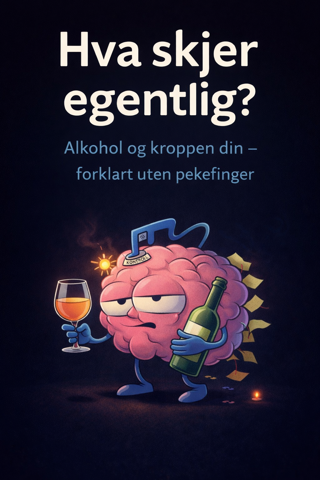 Tekst som spør 'Hva skjer egentlig?', med undertittel 'Alkohol og kroppen din – forklart uten pekefinger'. Illustrasjon av en antropomorf hjerne som holder et vinglass og en ølflaske, med en kontrollskinne på toppen av hodet.
