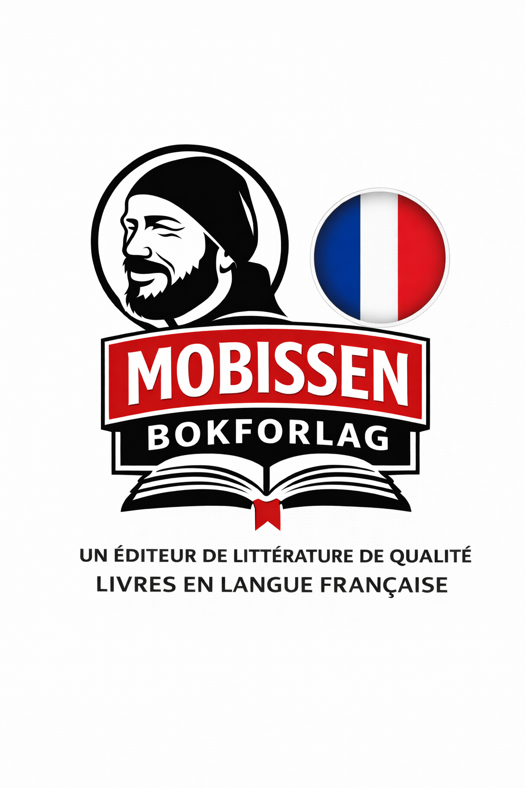 Logo for Mobissen Bokforlag, en fransk litteraturforlag. Logo inkluderer en illustrasjon av en smilende mann med skjegg og lue, et åpent bokikon, og den franske flaggknappen.