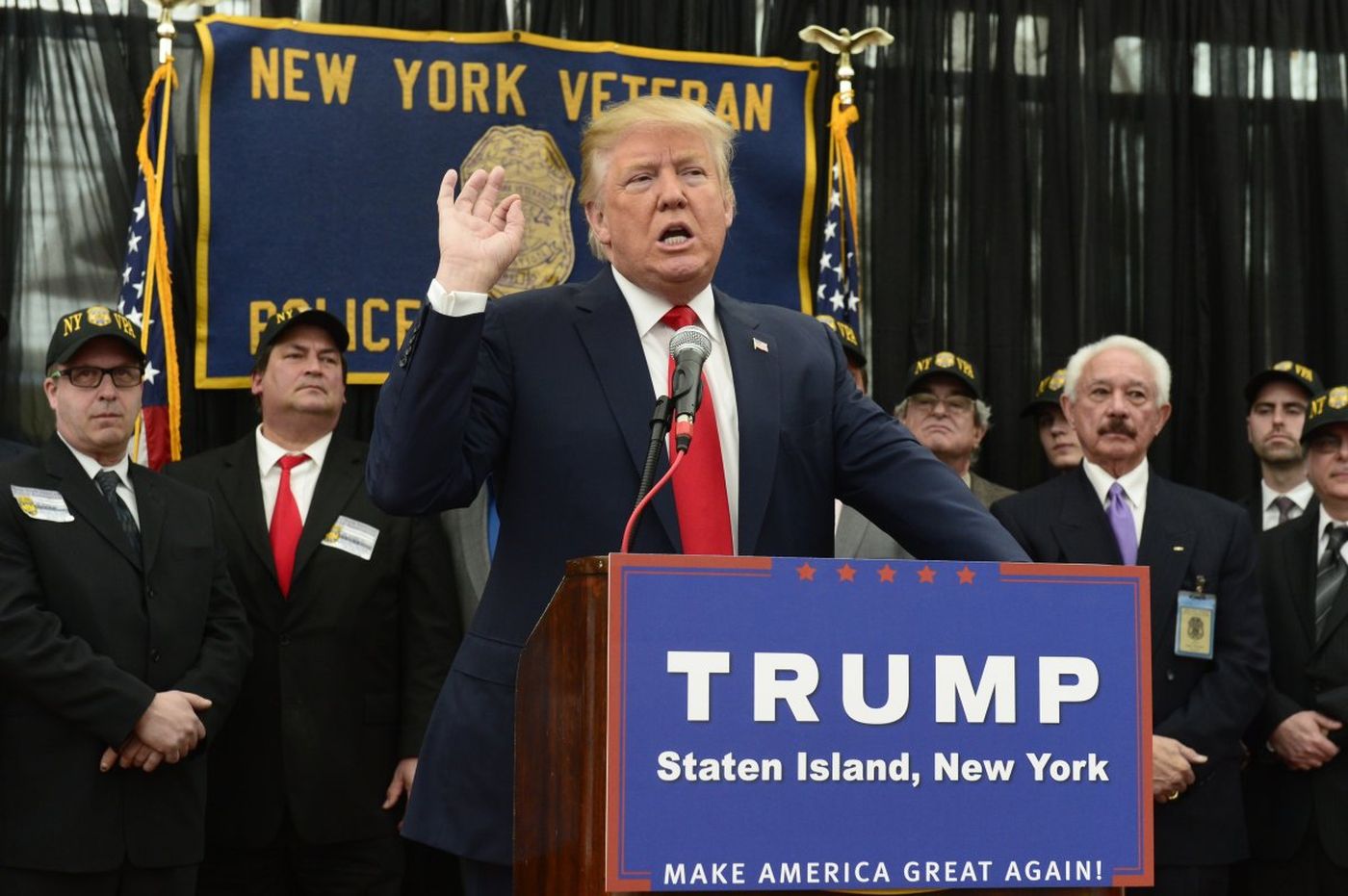 Donald Trump received an endorsement from the New York Veteran Police Association at the Hilton Garden Inn in Staten Island on April 17, 2016. Lou Telano is president of the group with mustache right. (Todd Maisel/New York Daily News)