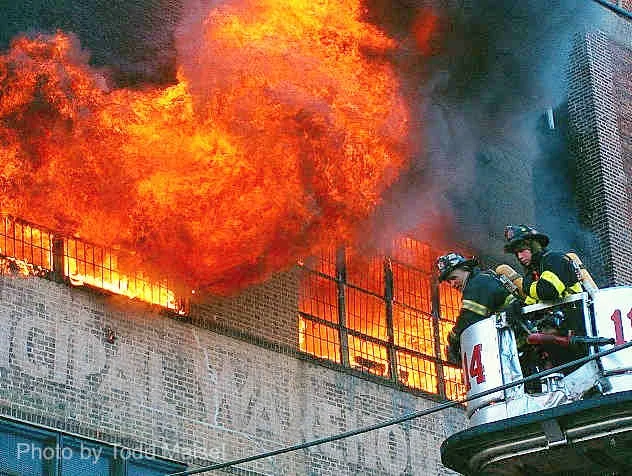  Two alarm fire raced through a three story factory at 130 Third Avenue near Bond Street this morning, three firefighters were injured, all three were minor. Fire is under investigation. February 26, 1999. By Todd Maisel 