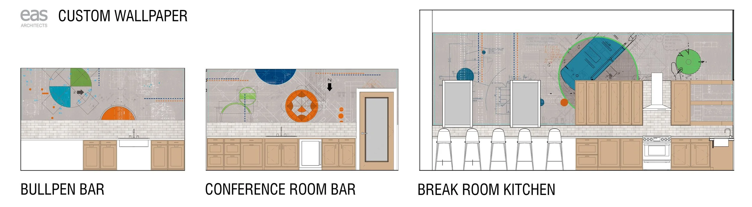 Design plans for a custom interior space including a bullpen bar, conference room bar, and break room kitchen, with custom wallpaper sections with colorful markings.