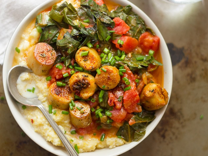 Blackened Scallops &amp; Grits with Greens