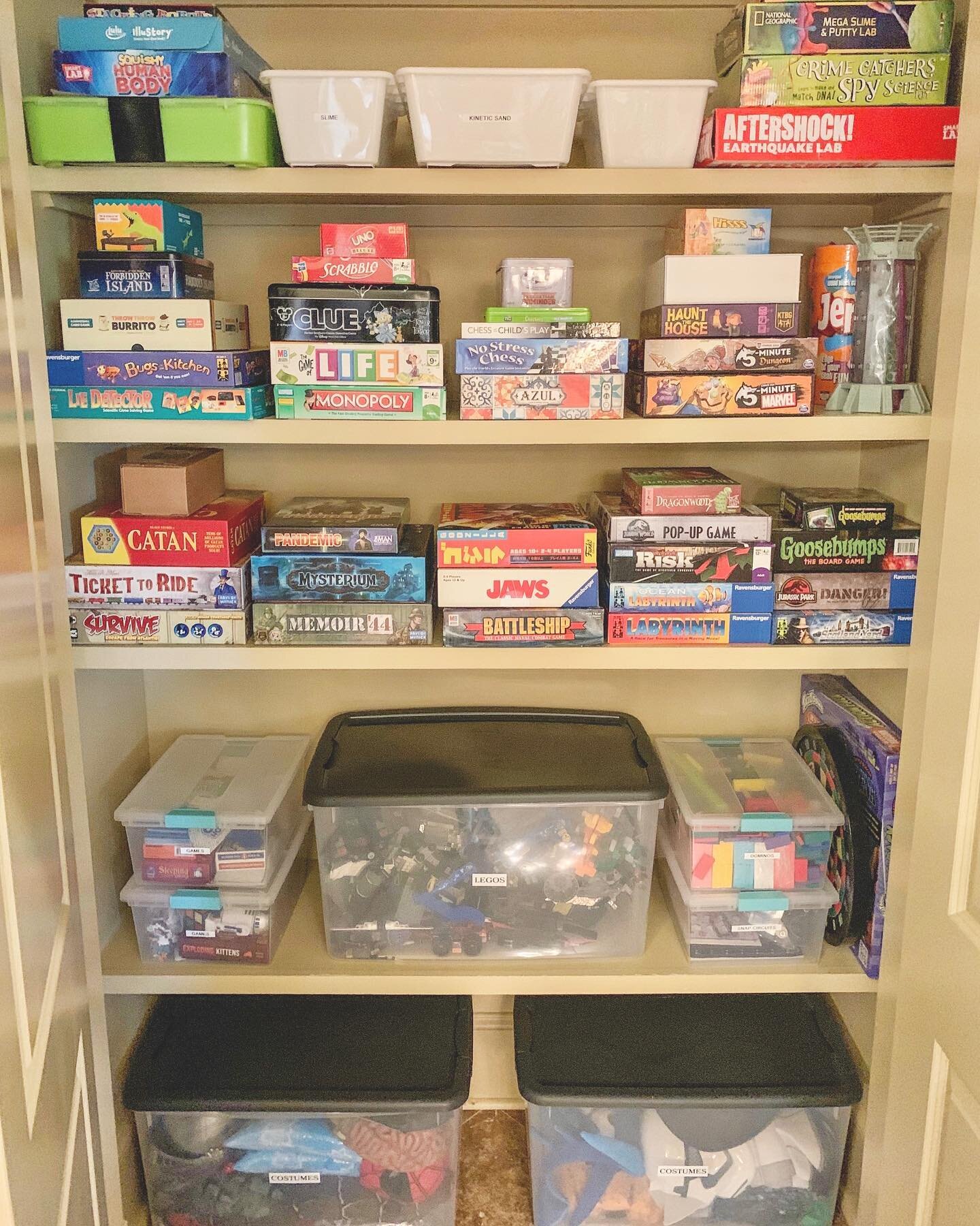 The play closet is under control with bins, labels and designated shelves! Clean up will be a breeze with this family&rsquo;s new system!