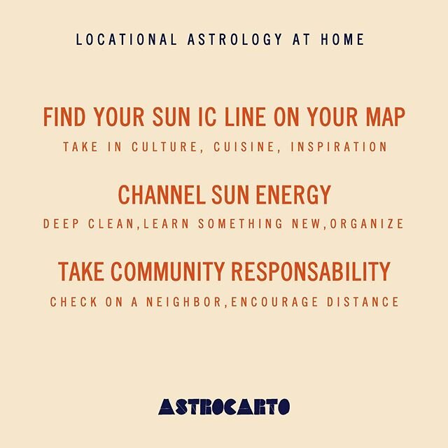 With travel and relocation probably the last thing on your mind, how can we use locational astrology in times of uncertainty?
⠀⠀⠀⠀⠀⠀⠀⠀⠀
Below are some tricks and tips if you feel out of control, or stuck at home and stir crazy!
⠀⠀⠀⠀⠀⠀⠀⠀⠀
🌞 SUN  IC L