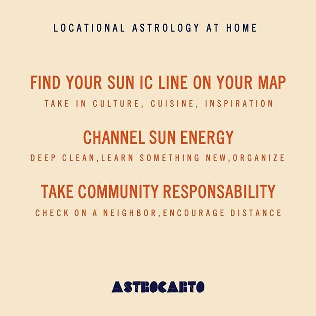 With travel and relocation probably the last thing on your mind, how can we use locational astrology in times of uncertainty?
⠀⠀⠀⠀⠀⠀⠀⠀⠀
Below are some tricks and tips if you feel out of control, or stuck at home and stir crazy!
⠀⠀⠀⠀⠀⠀⠀⠀⠀
🌞 SUN  IC L