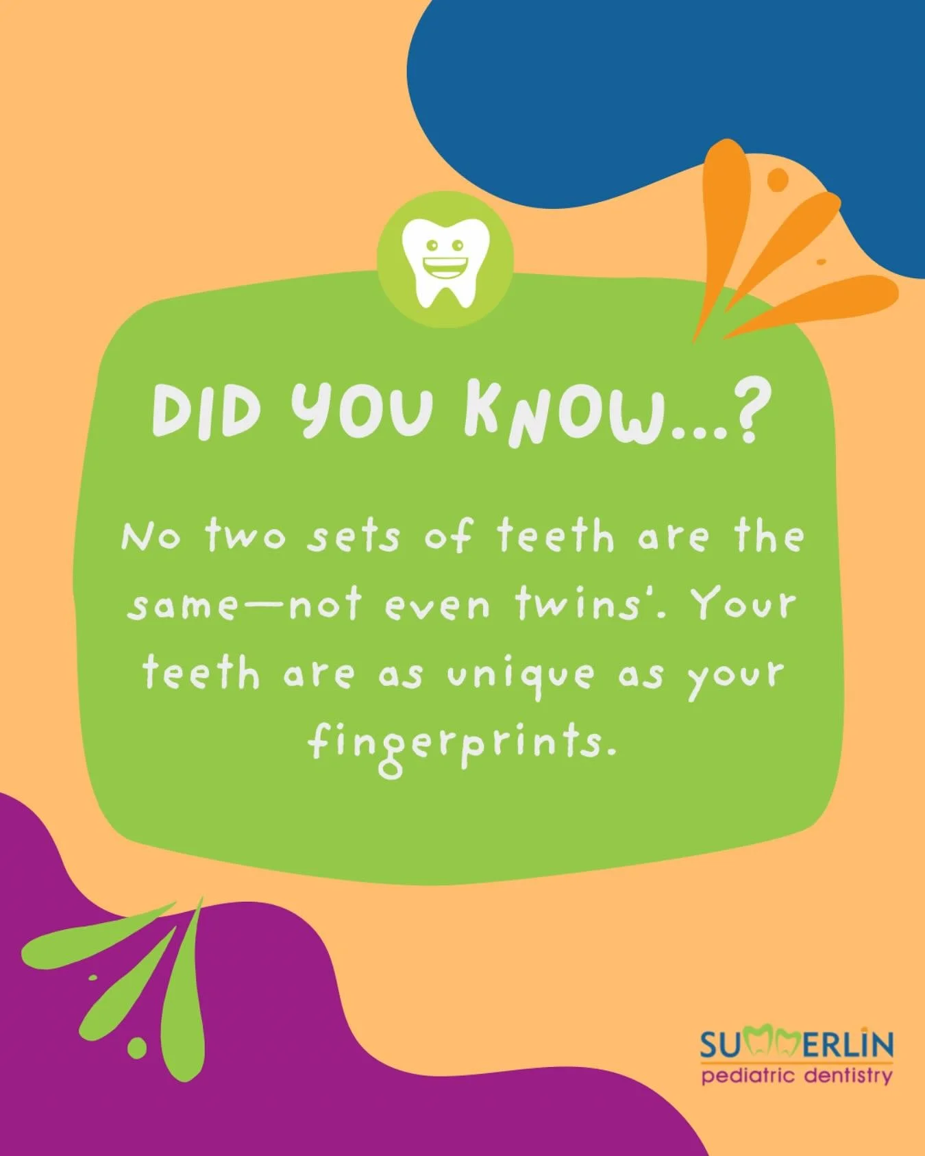 🦷 Every little smile is one of a kind &mdash; just like fingerprints! No two sets of teeth are the same. That&rsquo;s what makes your child&rsquo;s smile so special. 💙

#UniqueSmiles #PediatricDentistry #LittleSmilesBigCare #SummerlinPediatricDenti
