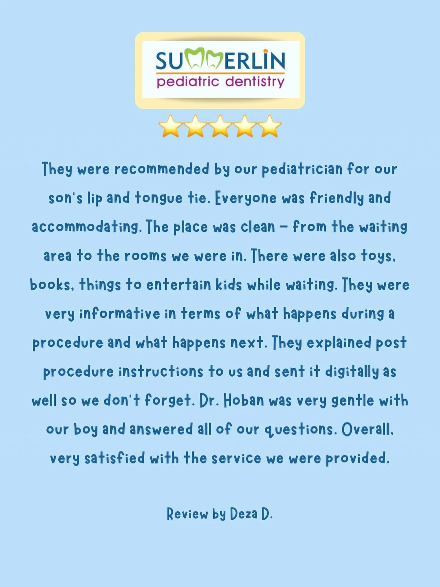 🦷⭐️⭐️⭐️⭐️⭐️
Thank you so much, Deza D., for the glowing 5-star review! 🌟 We&rsquo;re thrilled to hear your little one had such a positive experience. Creating healthy smiles and happy visits is what we&rsquo;re all about! 💙

#PediatricDentist #Hap