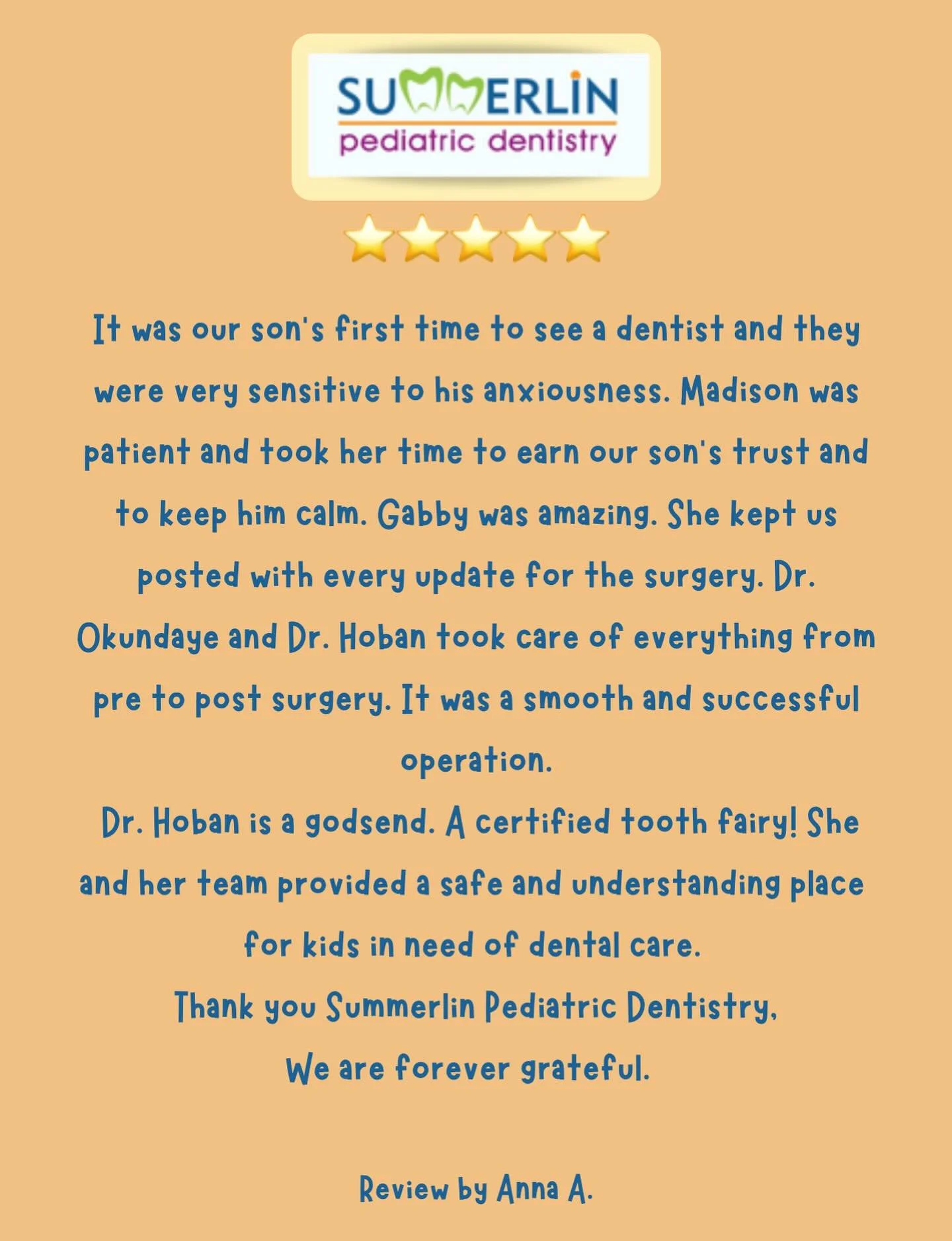 We&rsquo;re so grateful to Anna A. for the wonderful 5-star review! Your trust means the world to our team. Thank you for letting us care for your child&rsquo;s smile! 🦷💫

#PediatricDentistry #HappySmiles #Grateful #5StarReview #SummerlinPediatricD