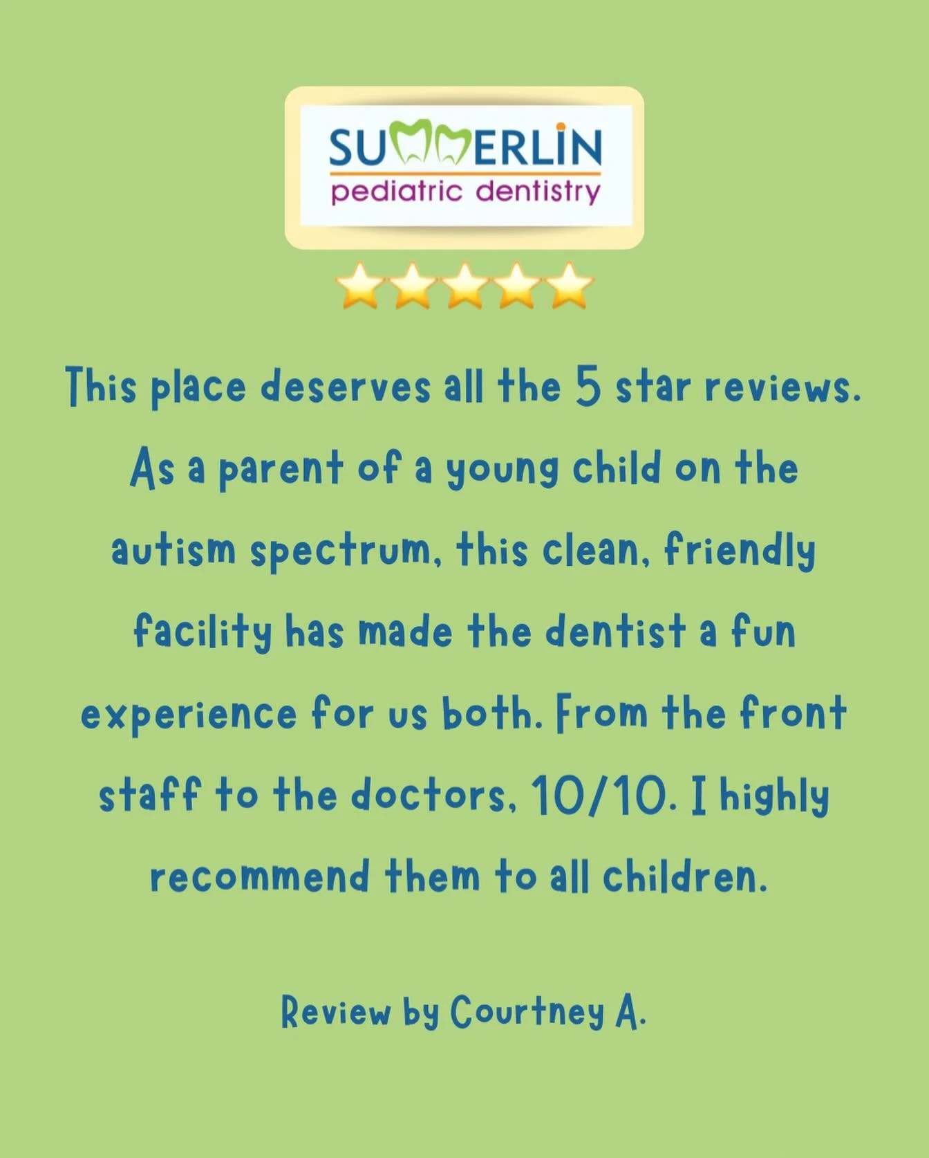 So grateful for your kind words, Courtney A.! 💙 Thank you for trusting us with your child&rsquo;s care and for sharing your experience. It means so much to us to know our team helped make dental visits a fun and comfortable experience&mdash;especial