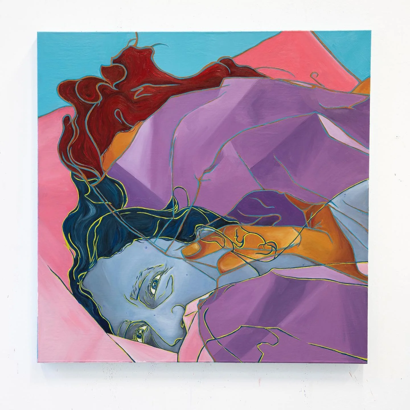 Jasper
Oil on linen 
105 x 105 x 4 cm 
2023 

  When I can&rsquo;t sleep 
  I always wake you up
  So I can then fall asleep 
  Knowing that I have given  you a slight inconvenience 
 
But I get hug so I happy 
 
  Makes me ready to sleep again 
 

T