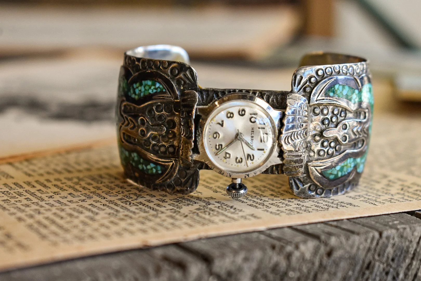 Vintage Samba Cuff Bracelet Watch Enamel Birds 1940s 50s Vintage Navajo Allen Chee Sterling Cuff Bracelet Eagle Motif  main image 3