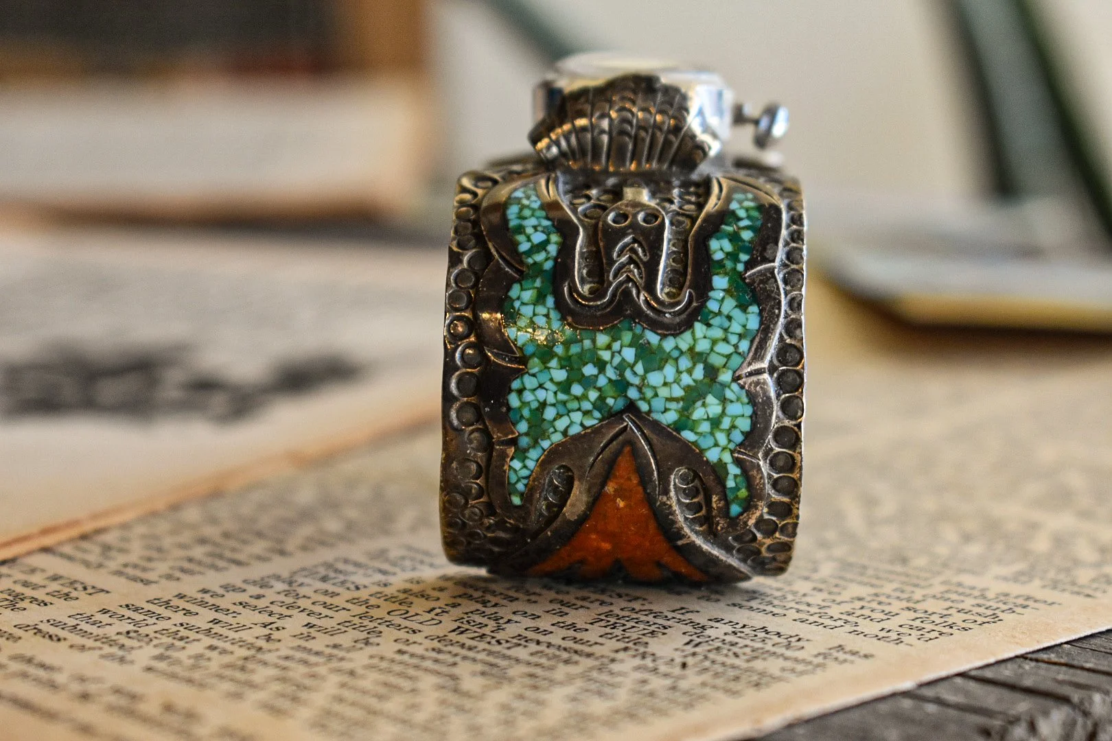 Vintage Samba Cuff Bracelet Watch Enamel Birds 1940s 50s Vintage Navajo Allen Chee Sterling Cuff Bracelet Eagle Motif  main image 2