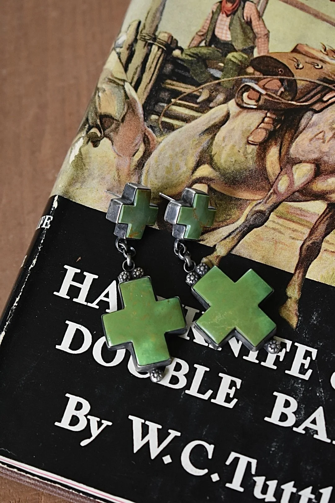 Sterling and Green Gaspeite Cross Earrings