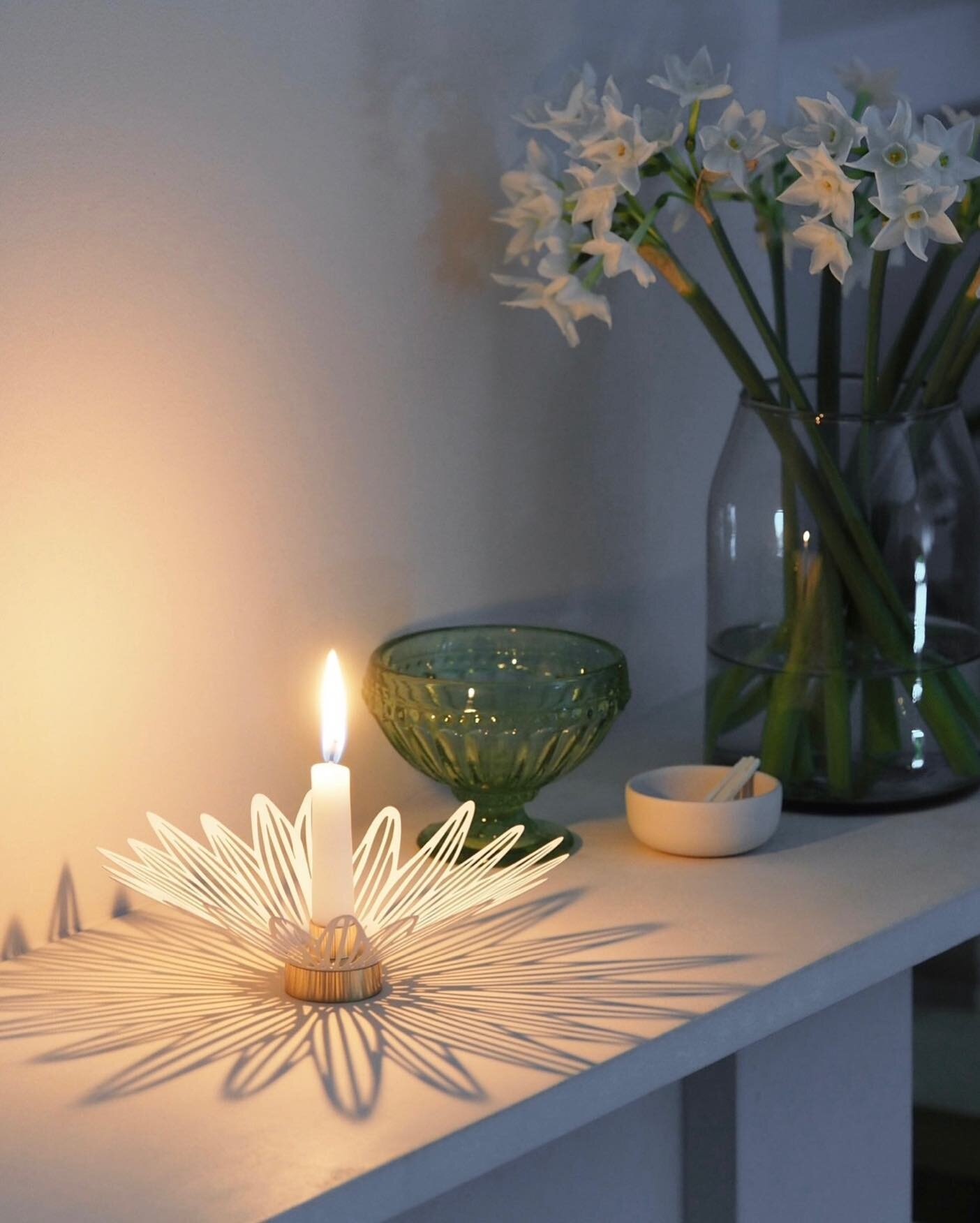 Soft candlelight and shadow patterns on the mantlepiece, and paperwhites from our local florist - a little treat to myself.

I hope you&rsquo;ve had a good start to the week.

Shadow Series candle holders and hand-dipped candles available from alicei