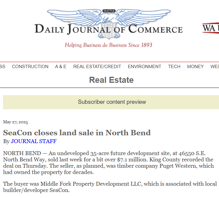 SeaCon closes land sale in North Bend