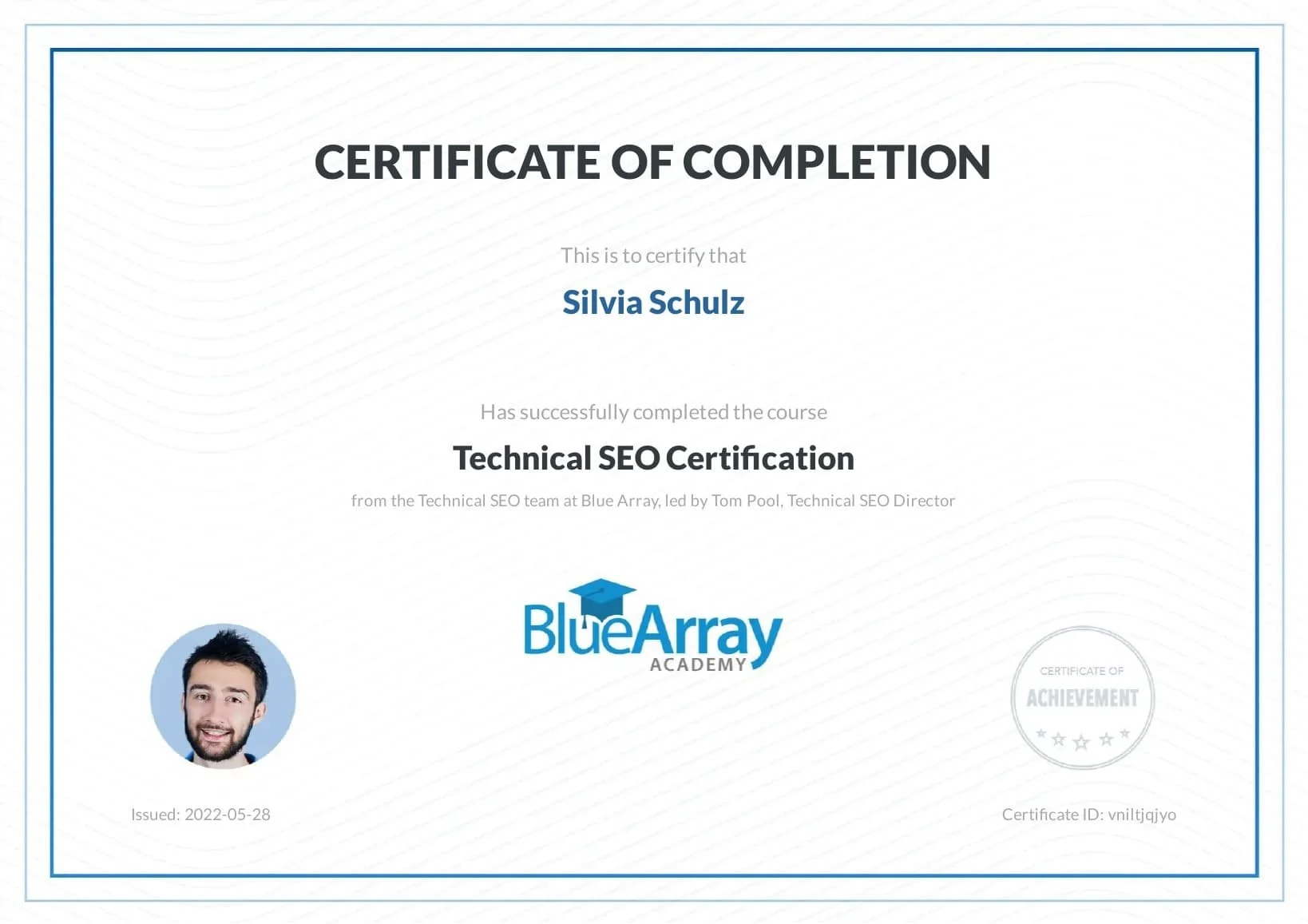 Certificate of completion of the Technical SEO course from Blue Array