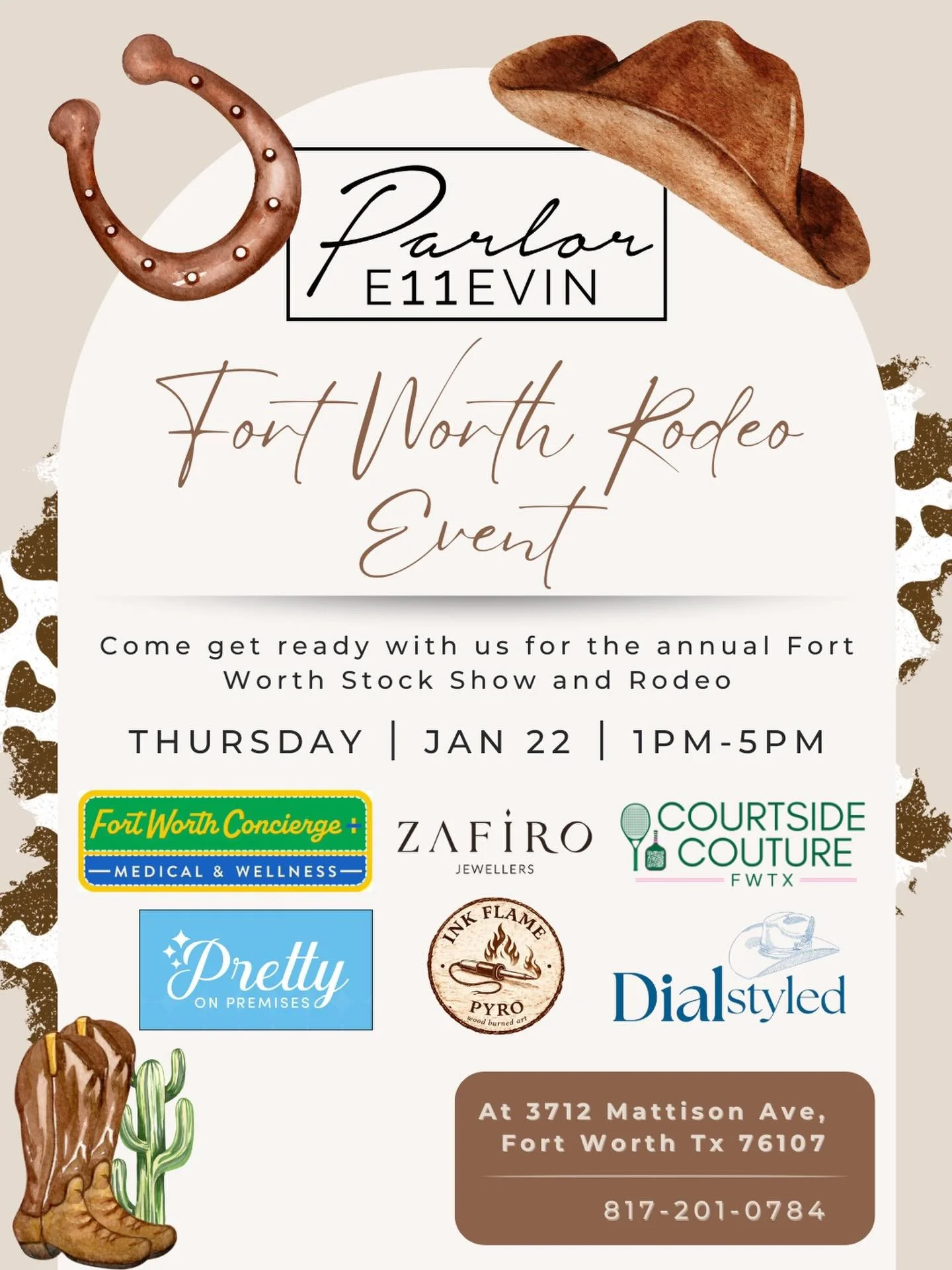 🤠✨ RODEO POP-UP VENDOR EVENT ✨🤠
Saddle up &amp; shop local at Parlor E11evin!

✨ Parlor E11evin x Pretty On Premises
Complimentary braids + charms or fairy hair with purchase,
$55 blowouts (w/ travel-size S&amp;C), 20% off brows, makeup touch-ups,
