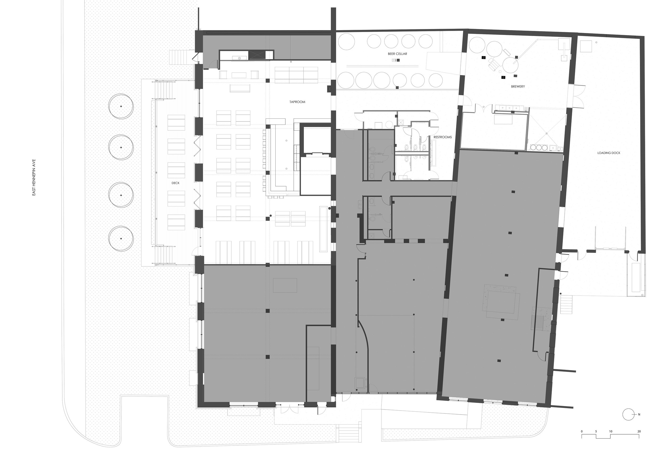 Building plan of existing context and remodeled brewery spaces of Headflyer Brewing in Minneapolis.