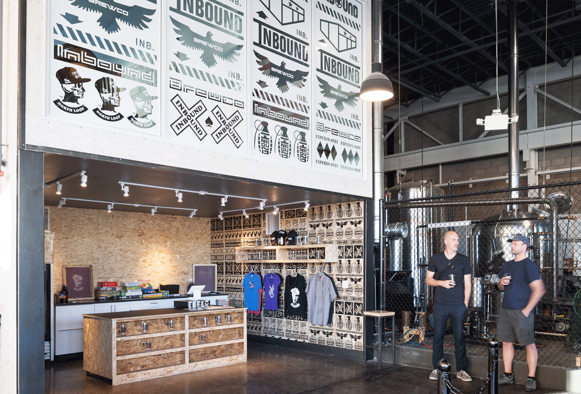 Custom plywood merchandise area in Minneapolis brewery.