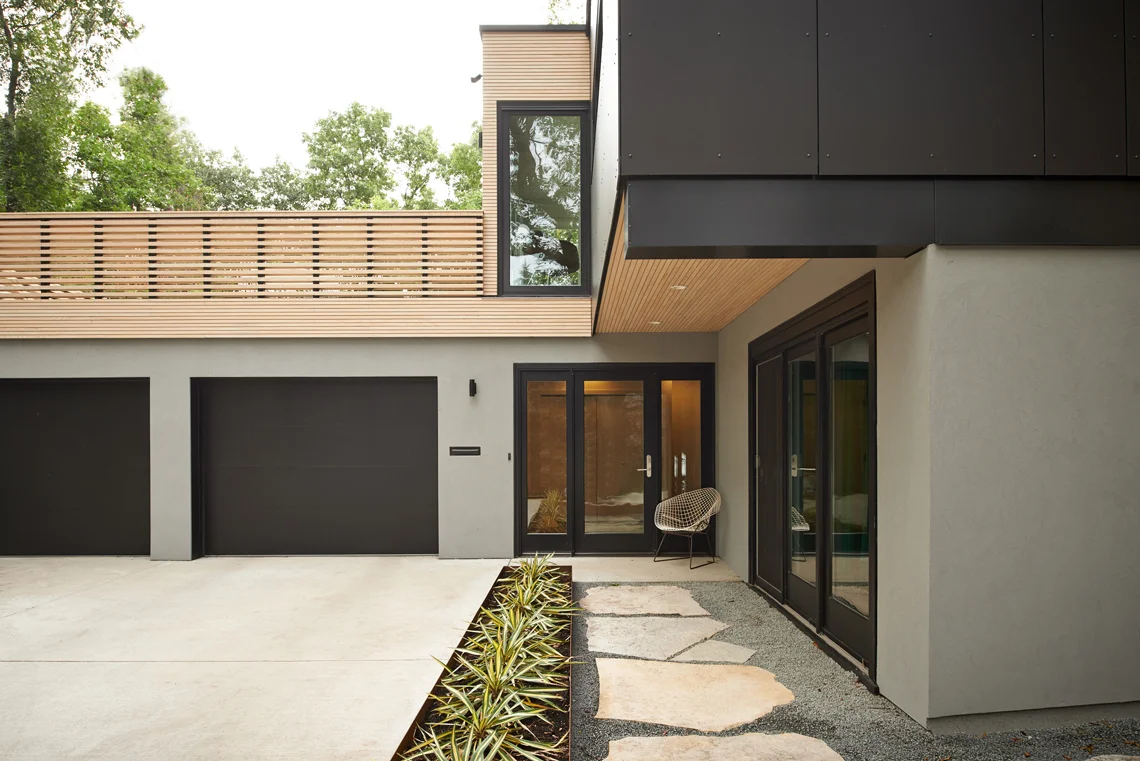 Stone path beneath a covered entry