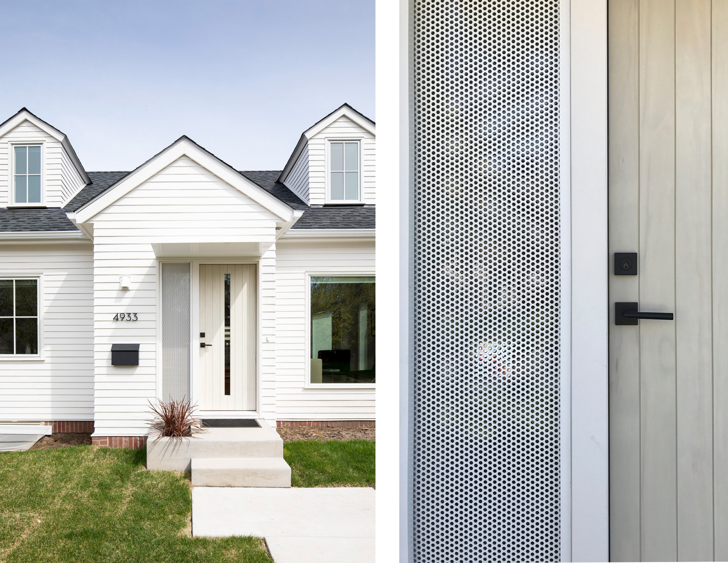 A modern white home with custom privacy screen detail at front door