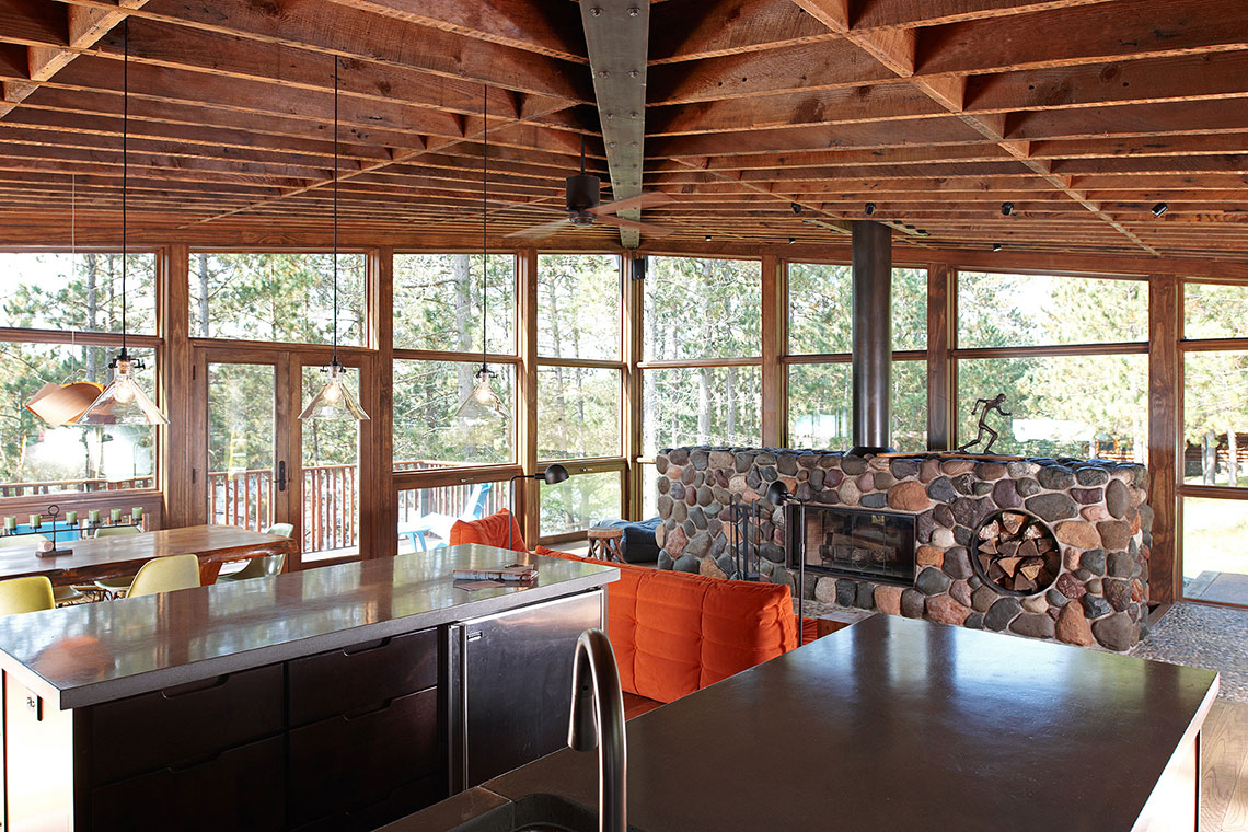 Reclaimed timber ceiling in a modern cabin designed by Christian Dean Architecture