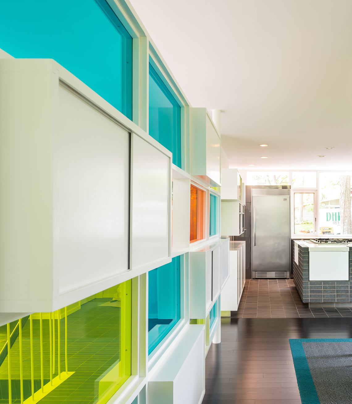 Detail of colorful midcentury divider wall