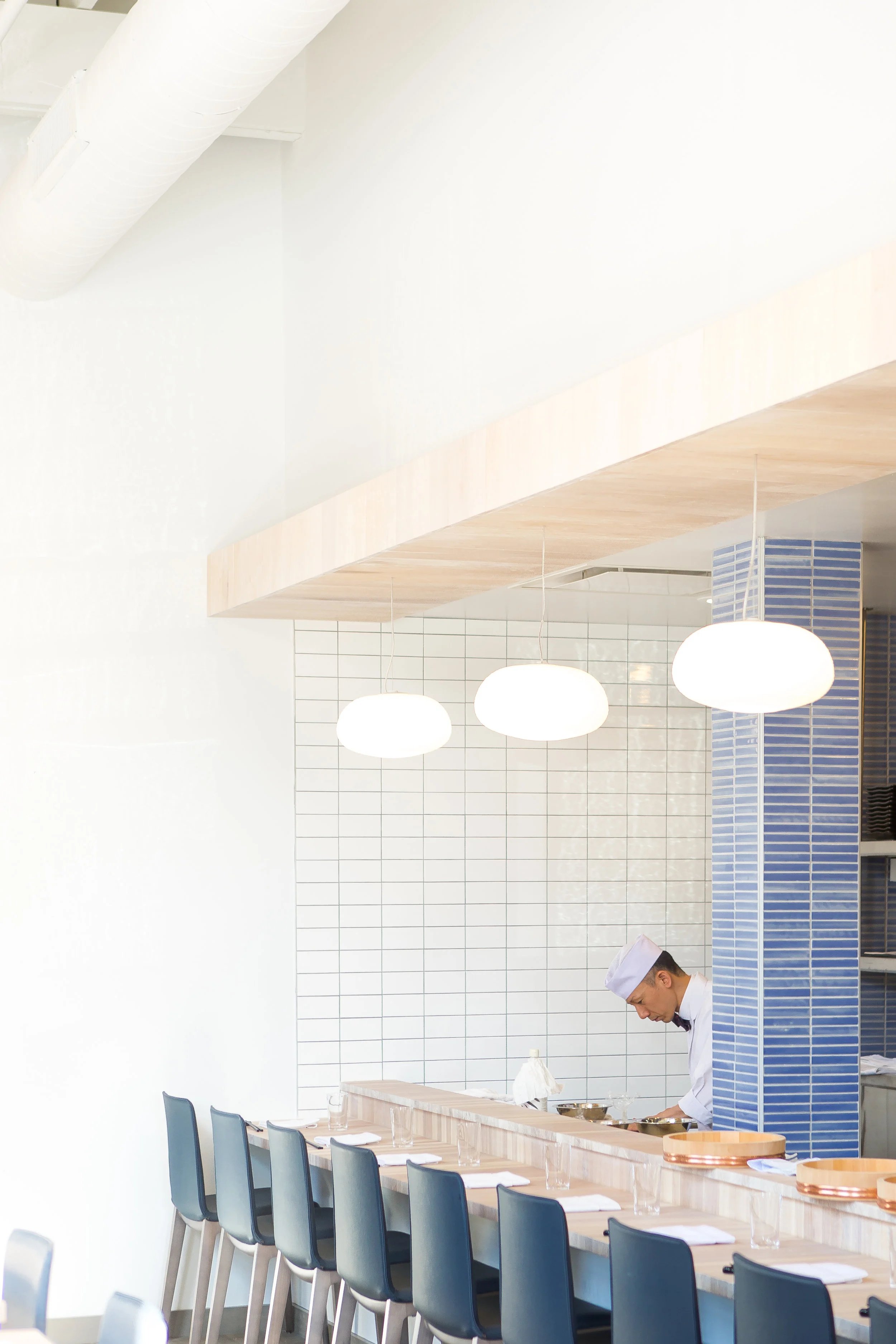 custom wood bar and wood ceiling in modern japanese restaurant