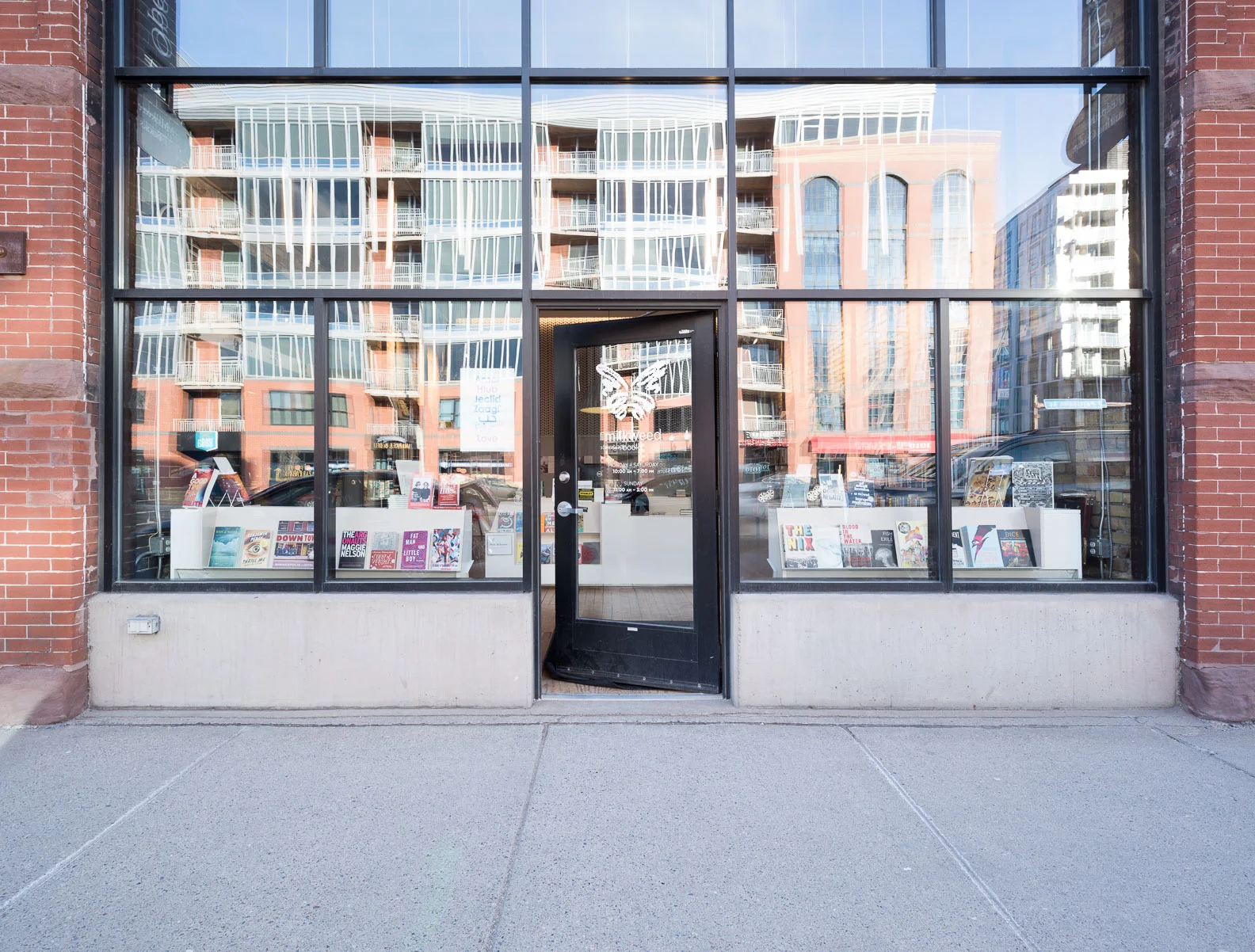 modern storefront to milkweed bookstore in minneapolis